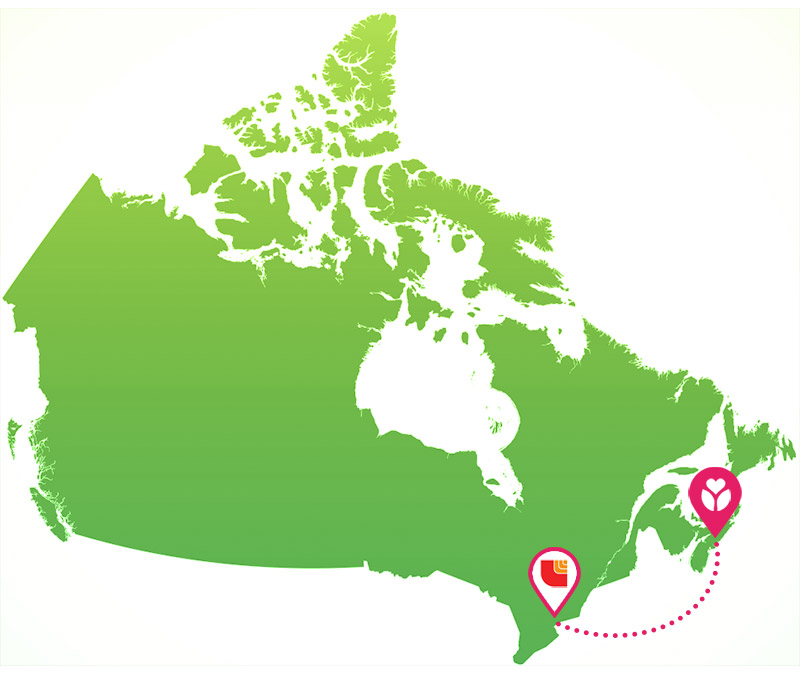 Map of Canada showing connected markers for Hope Blooms in Nova Scotia and Loblaws in Toronto.