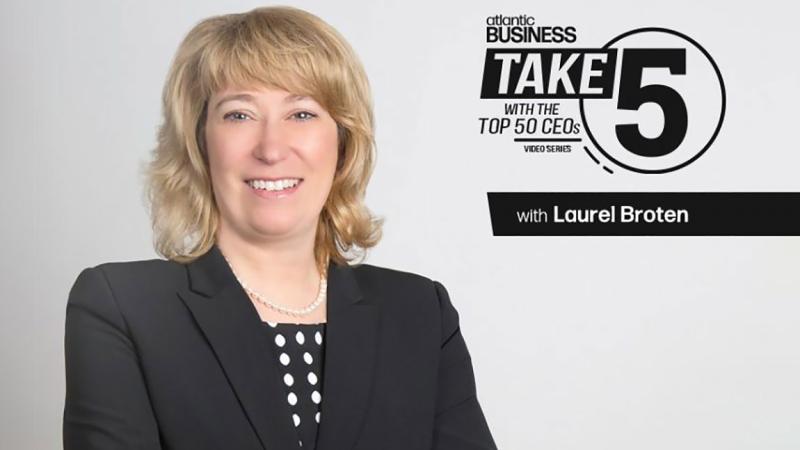Photo of NSBI CEO Laurel Broten superimposed over a grey background with the logo for Atlantic Business Take 5 with the Top 50 CEOs video series